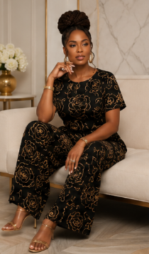 Rich & Rich Women's Black Rose Gold Side-Tie Top & Wide-Leg Pants Set