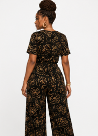 Rich & Rich Women's Black Rose Gold Side-Tie Top & Wide-Leg Pants Set