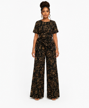 Rich & Rich Women's Black Rose Gold Side-Tie Top & Wide-Leg Pants Set