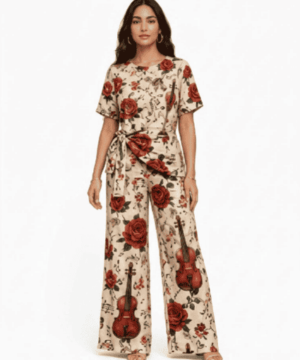 Two-piece women's set with red roses and violin print, side-tie top and wide-leg pants — alternate view