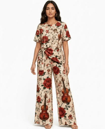 Two-piece women's set with red roses and violin print, side-tie top and wide-leg pants — alternate view