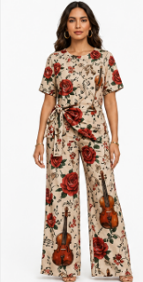 Rich & Rich Women's Violin and Red Roses Side-Tie Top & Wide-Leg Pants Set