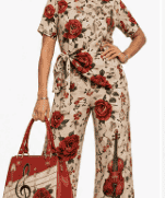 Two-piece women's set with red roses and violin print, side-tie top and wide-leg pants