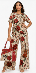 Rich & Rich Women's Violin and Red Roses Side-Tie Top & Wide-Leg Pants Set