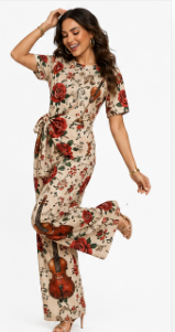 Rich & Rich Women's Violin and Red Roses Side-Tie Top & Wide-Leg Pants Set