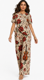 Rich & Rich Women's Violin and Red Roses Side-Tie Top & Wide-Leg Pants Set
