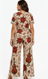 Two-piece women's set with red roses and violin print, side-tie top and wide-leg pants — additional view 7
