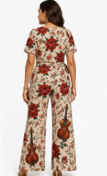 Rich & Rich Women's Violin and Red Roses Side-Tie Top & Wide-Leg Pants Set