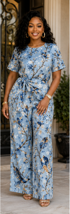 Rich & Rich Women's Blue Bird Side-Tie Top & Wide-Leg Pants Set