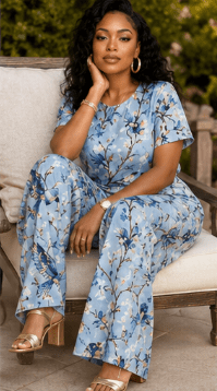Two-piece women's set with blue bird and feather motif, side-tie top and wide-leg pants — side view
