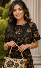 Load image into Gallery viewer, Rich &amp; Rich Women's Black and Gold Rose Side-Tie Top &amp; Wide-Leg Pants Set - Rich and Rich Homeopportunities
