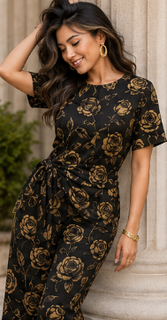 Rich & Rich Women's Black and Gold Rose Side-Tie Top & Wide-Leg Pants Set