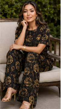 Rich & Rich Women's Black and Gold Rose Side-Tie Top & Wide-Leg Pants Set