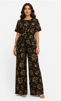 Rich & Rich Women's Black and Gold Rose Side-Tie Top & Wide-Leg Pants Set