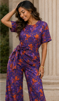 Rich & Rich Women's Purple Passion Botanical Side-Tie Top & Wide-Leg Pants Set