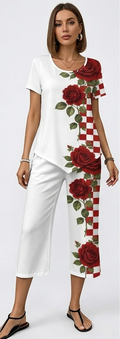 Rich & Rich Rose Checker Romance Short Sleeve Cropped Wide-Leg Set