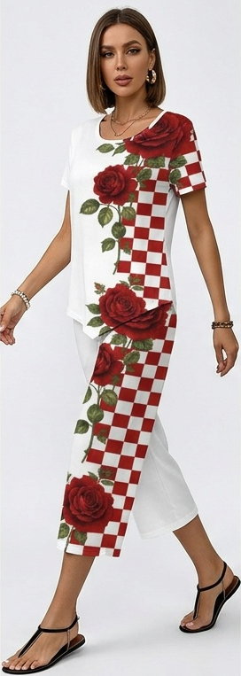 Rich & Rich Rose Checker Romance Short Sleeve Cropped Wide-Leg Set