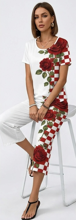 Rich & Rich Rose Checker Romance Short Sleeve Cropped Wide-Leg Set