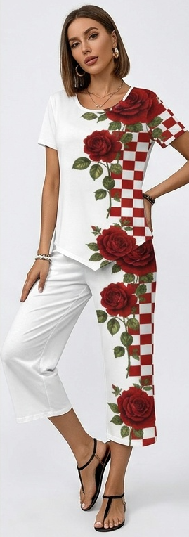 Rich & Rich Rose Checker Romance Short Sleeve Cropped Wide-Leg Set