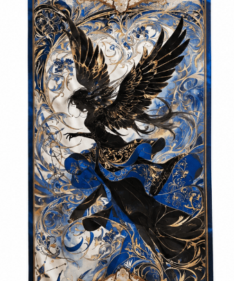 Royal blue and black tassel scarf with angelic print, imitation cashmere and hemmed edges — alternate view