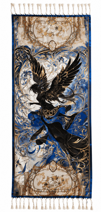 Royal blue and black tassel scarf with angelic print, imitation cashmere and hemmed edges — alternate view