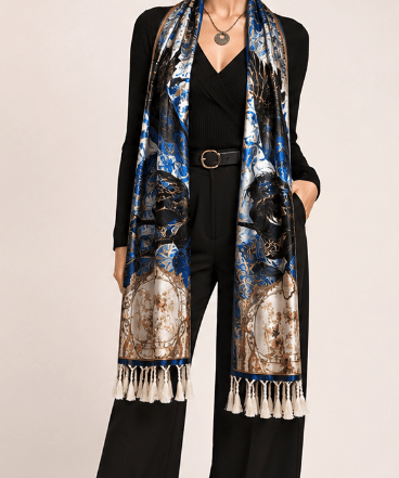 Royal blue and black tassel scarf with angelic print, imitation cashmere and hemmed edges