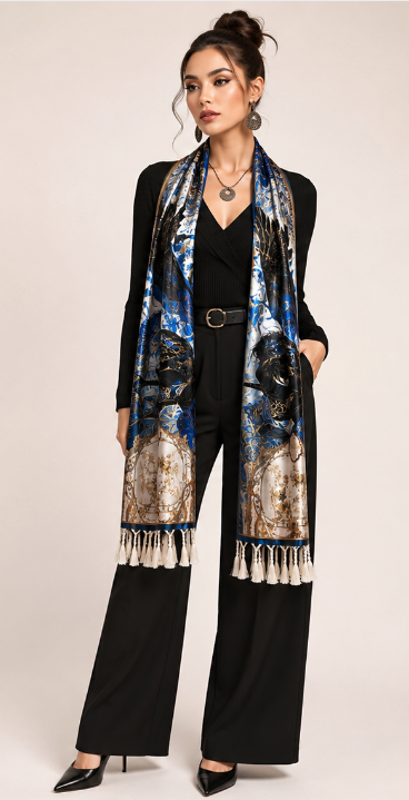 Rich and Rich Royal Blue and Black Angelic Tassel Scarf