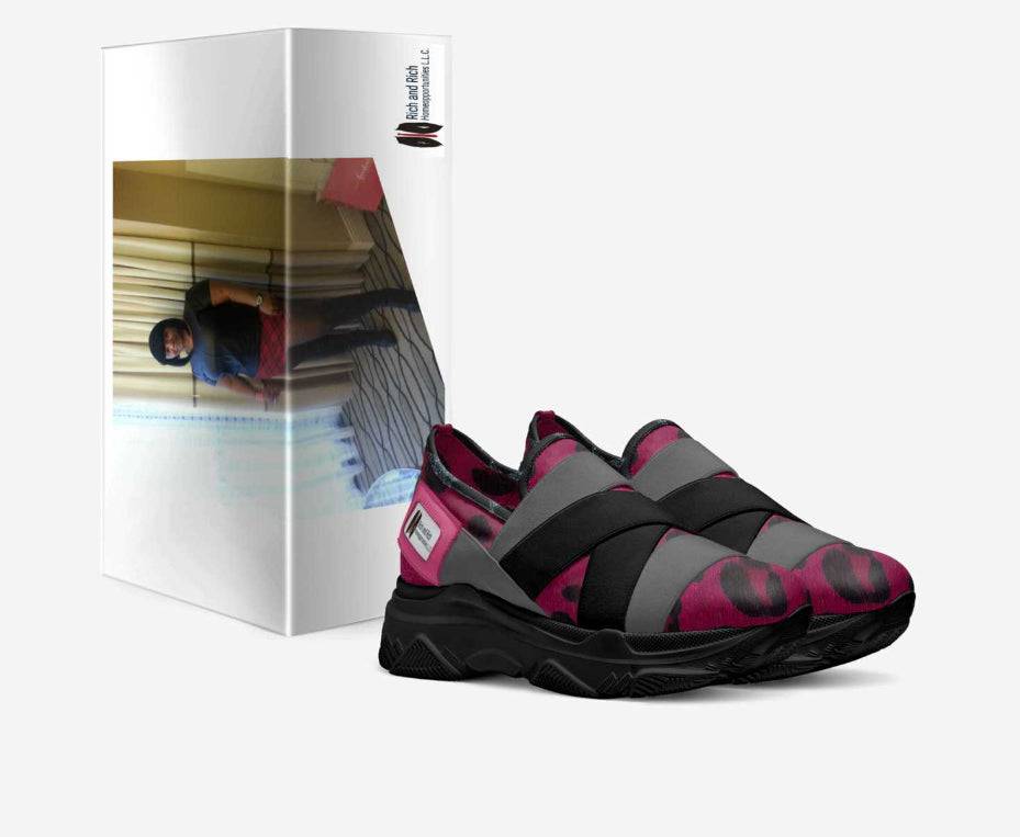Magenta and gray elastic slip-on women's sneaker with low-profile rubber sole and logo window