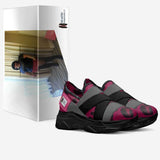 Magenta and gray elastic slip-on women's sneaker with low-profile rubber sole and logo window