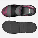 Magenta and gray elastic slip-on women's sneaker with low-profile rubber sole and logo window — product detail