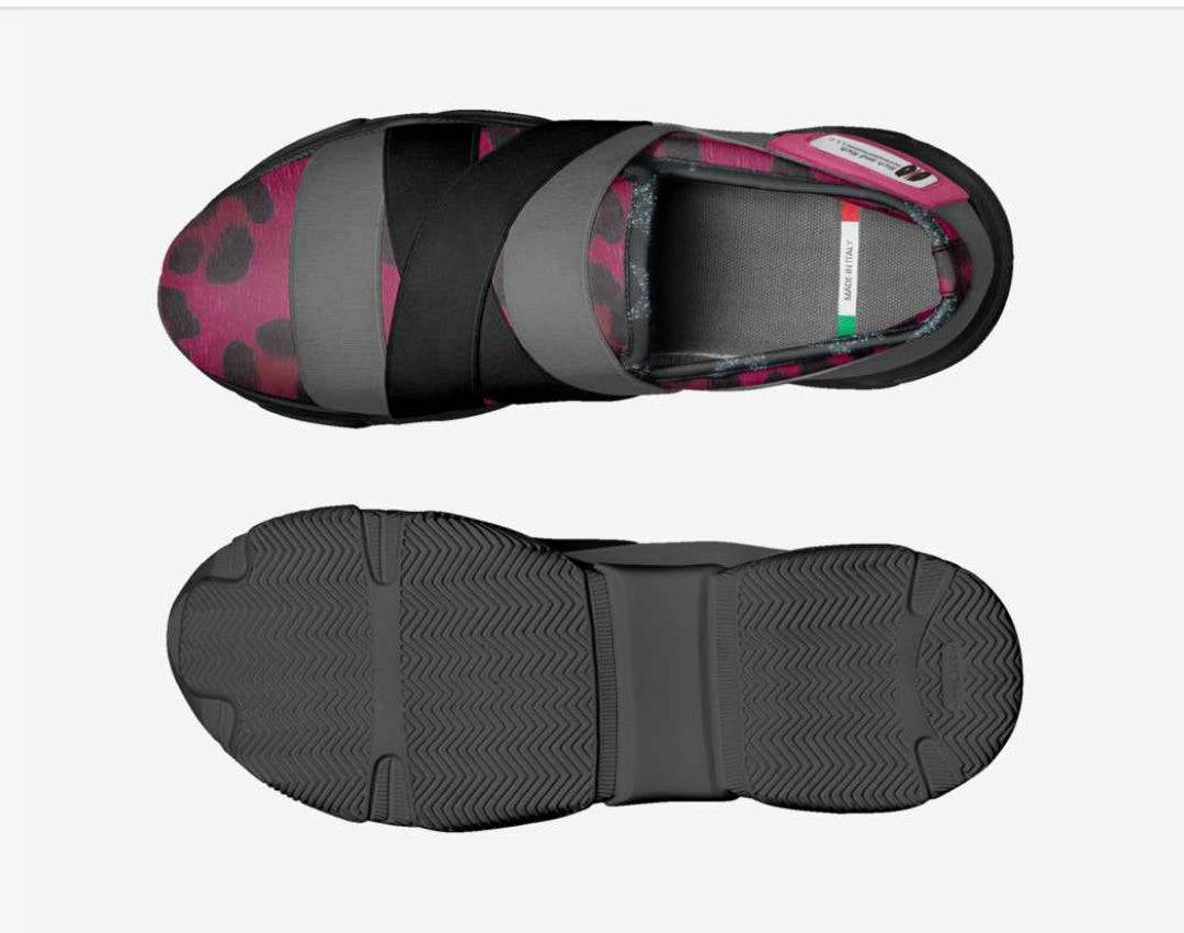 Magenta and gray elastic slip-on women's sneaker with low-profile rubber sole and logo window — product detail