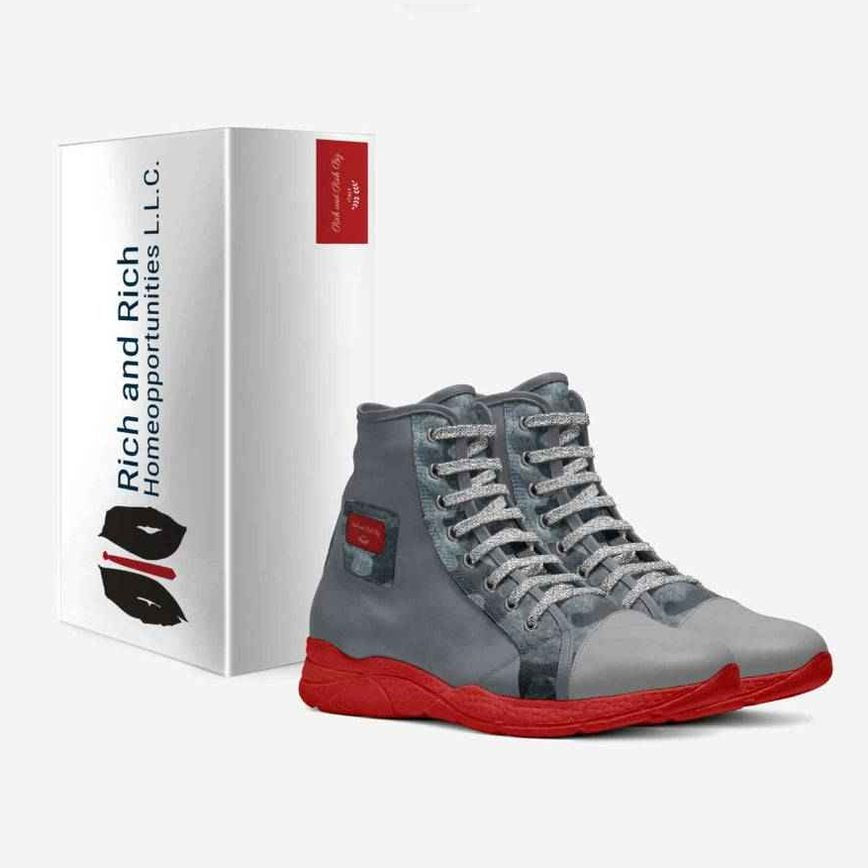 Unisex gray leather runner sneaker with wedge rubber sole and logo window on the side