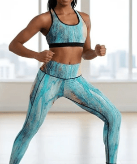 Turquoise yoga leggings set with compressive sports bra and high-waisted leggings