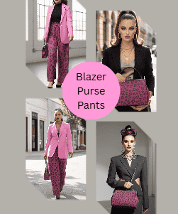 Magenta animal-print blazer, wide-leg pants, and waxed PU kisslock bag shown together