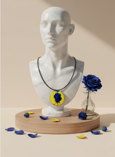 Rich and Rich Yellow With Blue Rose Wooden Pendant Organic Shapes