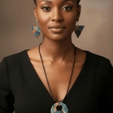 Geometric wooden earrings with denim-look print and sterling silver hooks