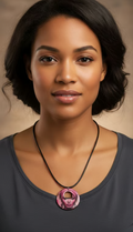 Rich and Rich HerEyes handmade wooden pendant necklace with organic shapes on black faux suede cord