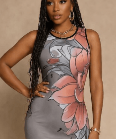 Gray sleeveless floral sundress with round neckline and casual tank silhouette