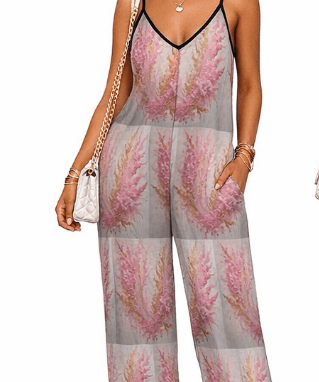Waterproof gray and pink floral women's suspender jumpsuit with deep V-neck and loose legs