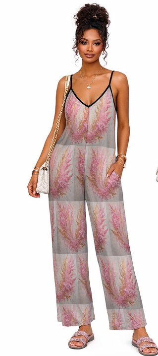 Rich and Rich Women’s Waterproof Suspender Gray and Pink Floral Jumpsuit with Deep V-Neck