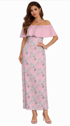 Rich and Rich Women's Pink Floral Off Shoulder Ruffle Boat Neck Dress