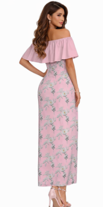 Rich and Rich Women's Pink Floral Off Shoulder Ruffle Boat Neck Dress