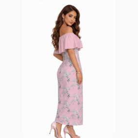 Women's pink off-shoulder floral dress with ruffled boat neckline and lightweight fabric — side view