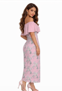 Rich and Rich Women's Pink Floral Off Shoulder Ruffle Boat Neck Dress