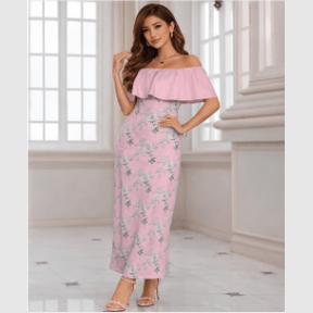 Women's pink off-shoulder floral dress with ruffled boat neckline and lightweight fabric — alternate view