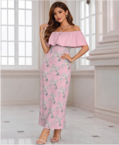 Rich and Rich Women's Pink Floral Off Shoulder Ruffle Boat Neck Dress