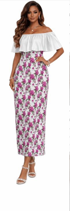 Women's off-shoulder fuchsia floral dress with ruffled boat neckline and lightweight fabric