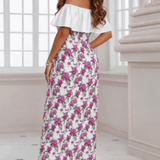 Women's off-shoulder fuchsia floral dress with ruffled boat neckline and lightweight fabric — product detail