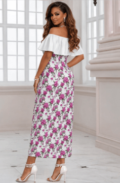 Women's off-shoulder fuchsia floral dress with ruffled boat neckline and lightweight fabric — product detail