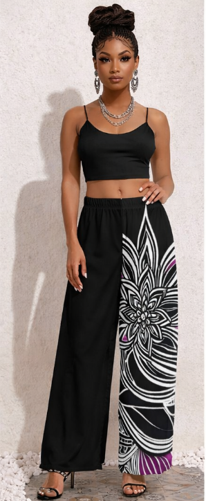 Rich and Rich Women's Black and Purple Abstract Wide-Leg Pants - Comfortable High-Waist Style